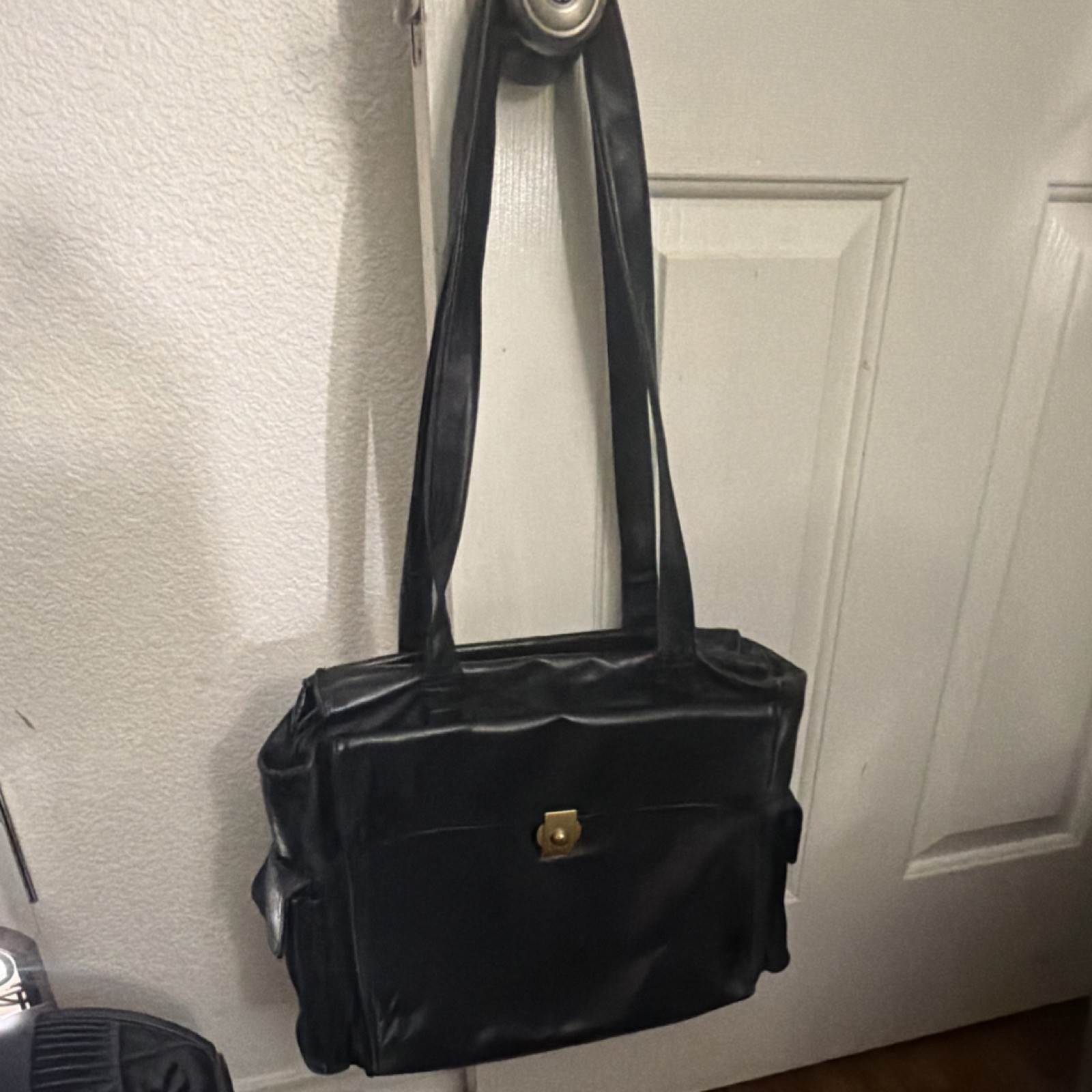 Perlina New York Black Shoulder Bag, Gold Hardware, Zip/Push Lock, Detach Strap