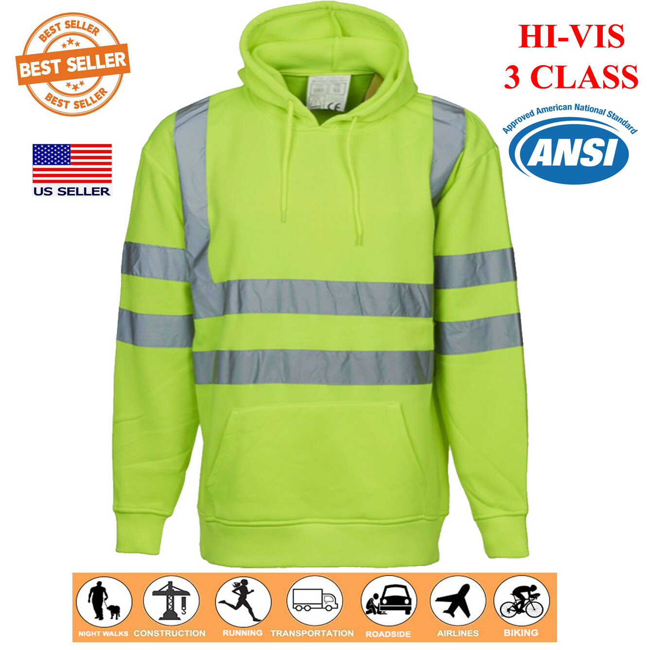 HIGH VISIBILITY Lime Class 3 Pullover Safety Sweatshirt Hoodie Jacket Hi-Vis wor