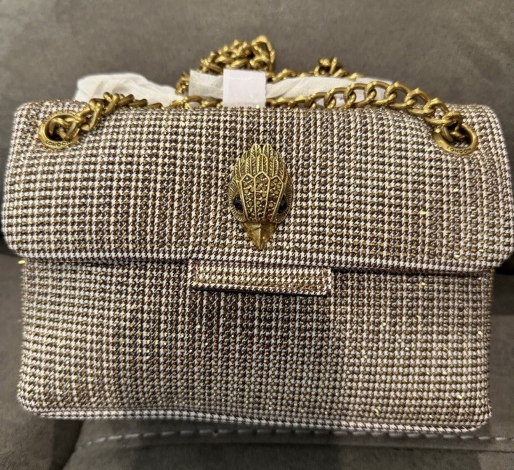 New Kurt Geiger Structured Tweed Shoulder Bag with Gold Chain – Brown & Gold
