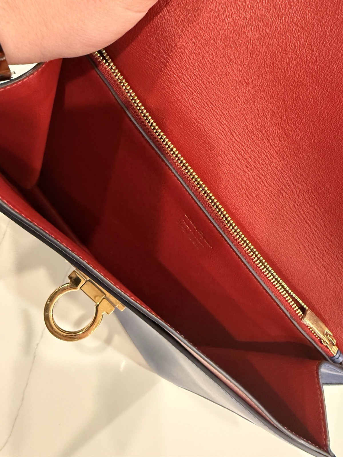 Auth Cert – Salvatore Ferragamo Blue Shoulder Bag Turn Lock Gold Hardware