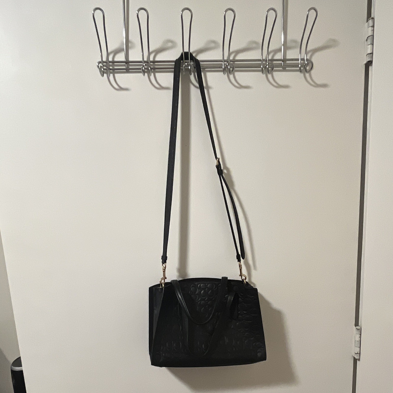 Coach Black Embossed Logo Satchel Top Handle Zip Bag w/ Detachable Strap
