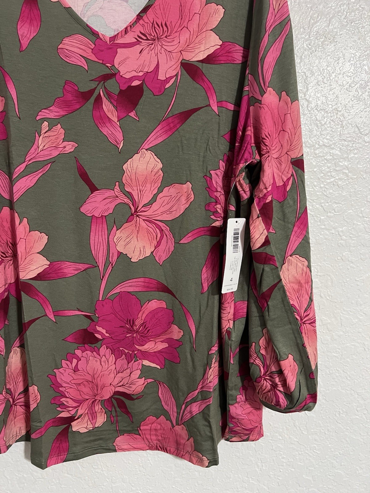 NWT Chico’s Olive Green/Pink Floral Knit Top Long Sleeve Size XXL V-Neck
