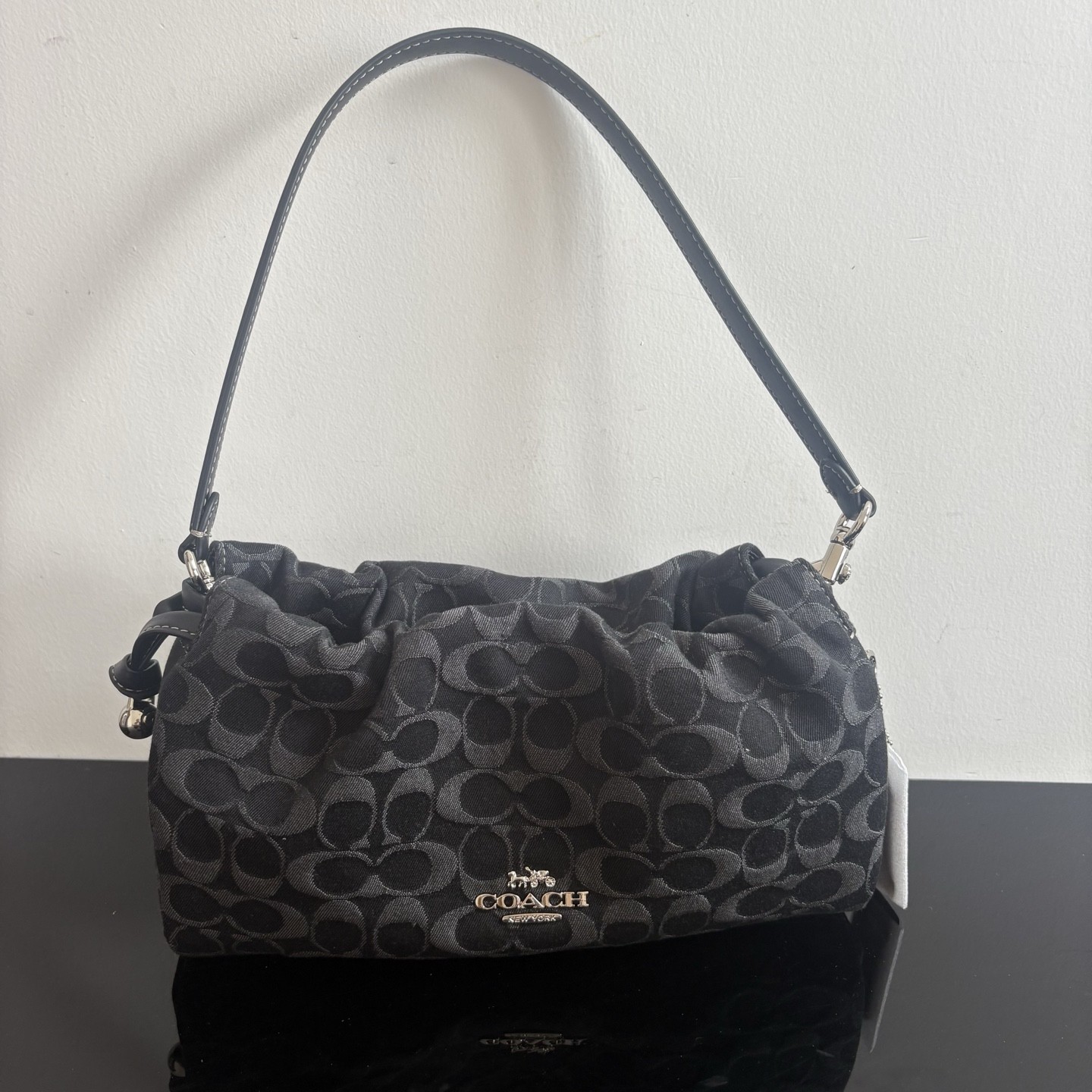Coach CDE45 Faye Shoulder Bag Black Signature Denim 2WAY Silver HW Outlet Japan