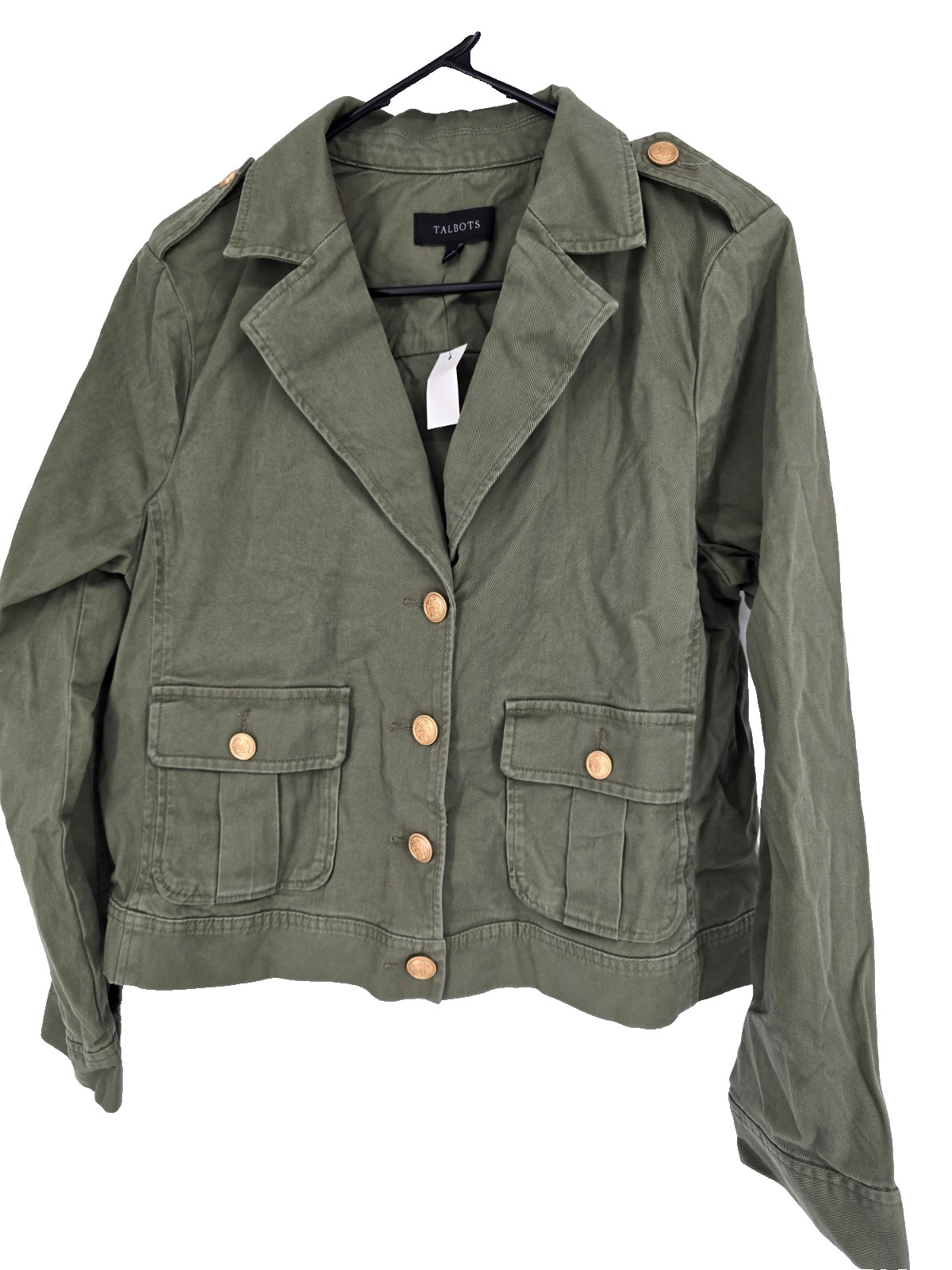 Talbots Jacket Womens Large Olive Green Safari Military Gold Button Up NWT