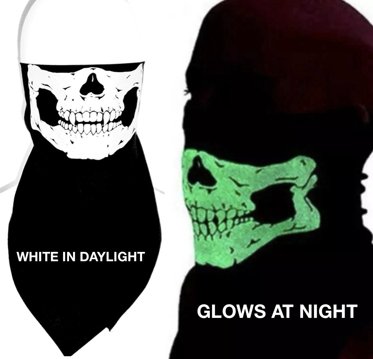 VELCRO®brand ADJUSTABLE BLACK Glow in the Dark SKULL FACE NECK COVER NECKERCHIEF