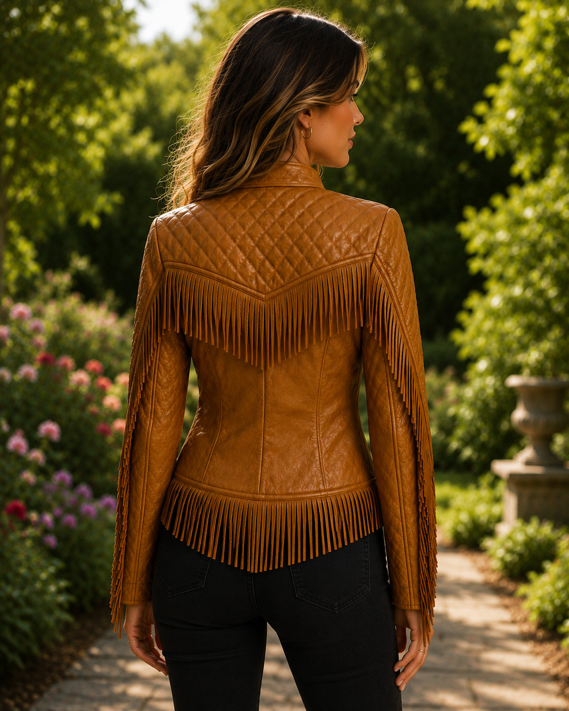 Womens Tan Mustard Leather Fringe Jacket – Quilted Western – Moto Biker Zip Coat