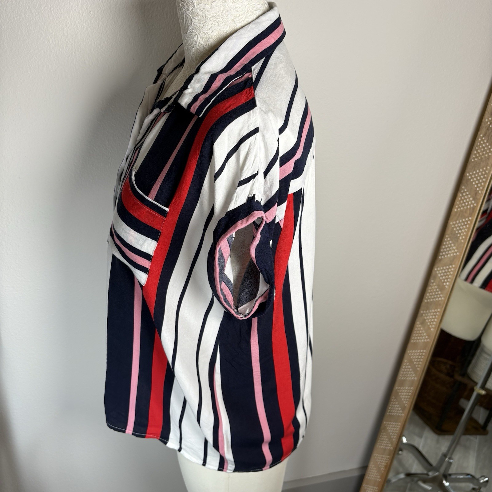 Love Notes Women’s Large ~ Red Pink Blue White Striped Button Up Blouse