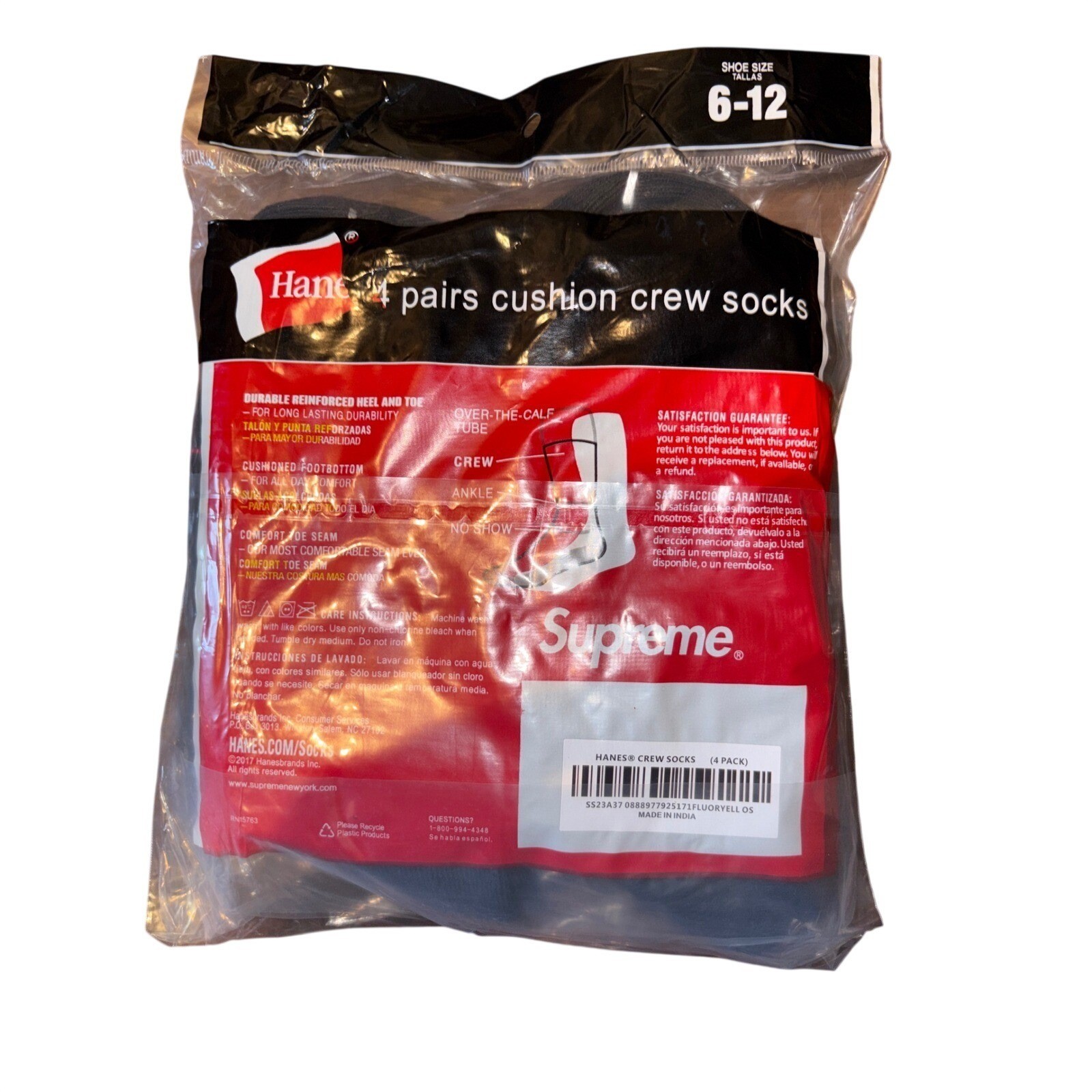 Supreme Black Crew Socks 4-Pack Size 6-12 NWT Authentic