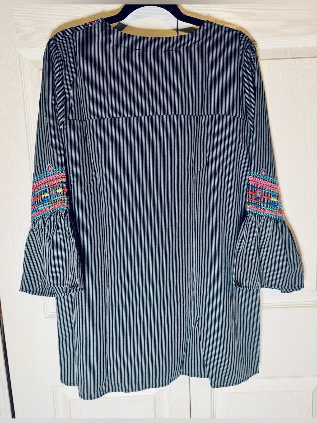 CALEOOS Navy Striped Embroidered Bell-Sleeve Tunic Top Retro Hippie Vibe XL