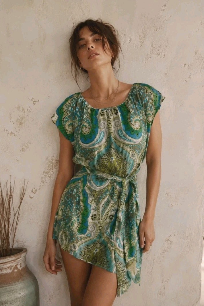 NWT Etcetra Paisley Tie Top Short Sleeve Womens 4 Silk Bl WArtsy Fairy Gr #5500