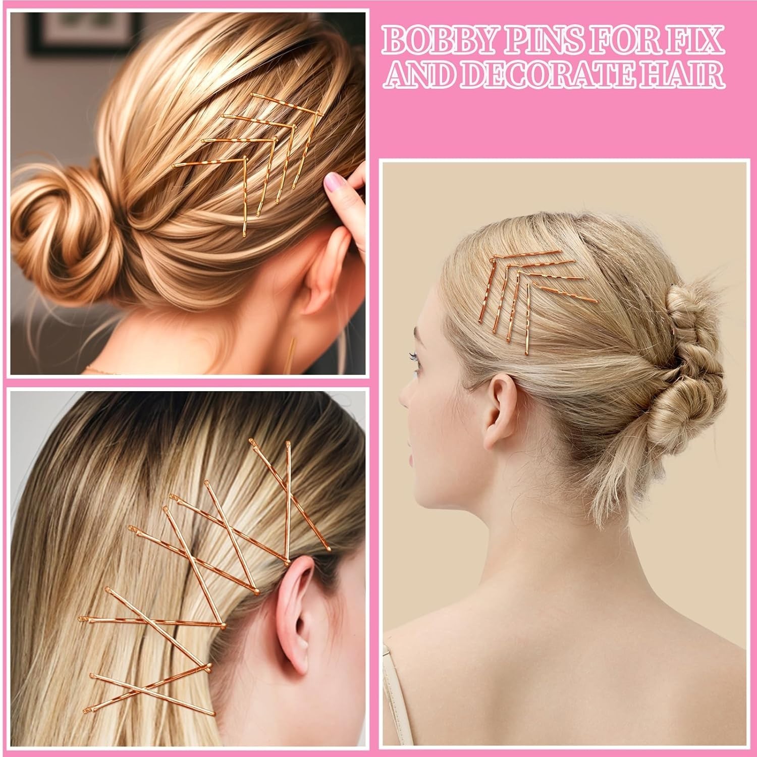 300 Pcs Bobby Pins W/ Hair Pins Hair Bands Kit Rose Gold 2in 2.36in 2.75in Women