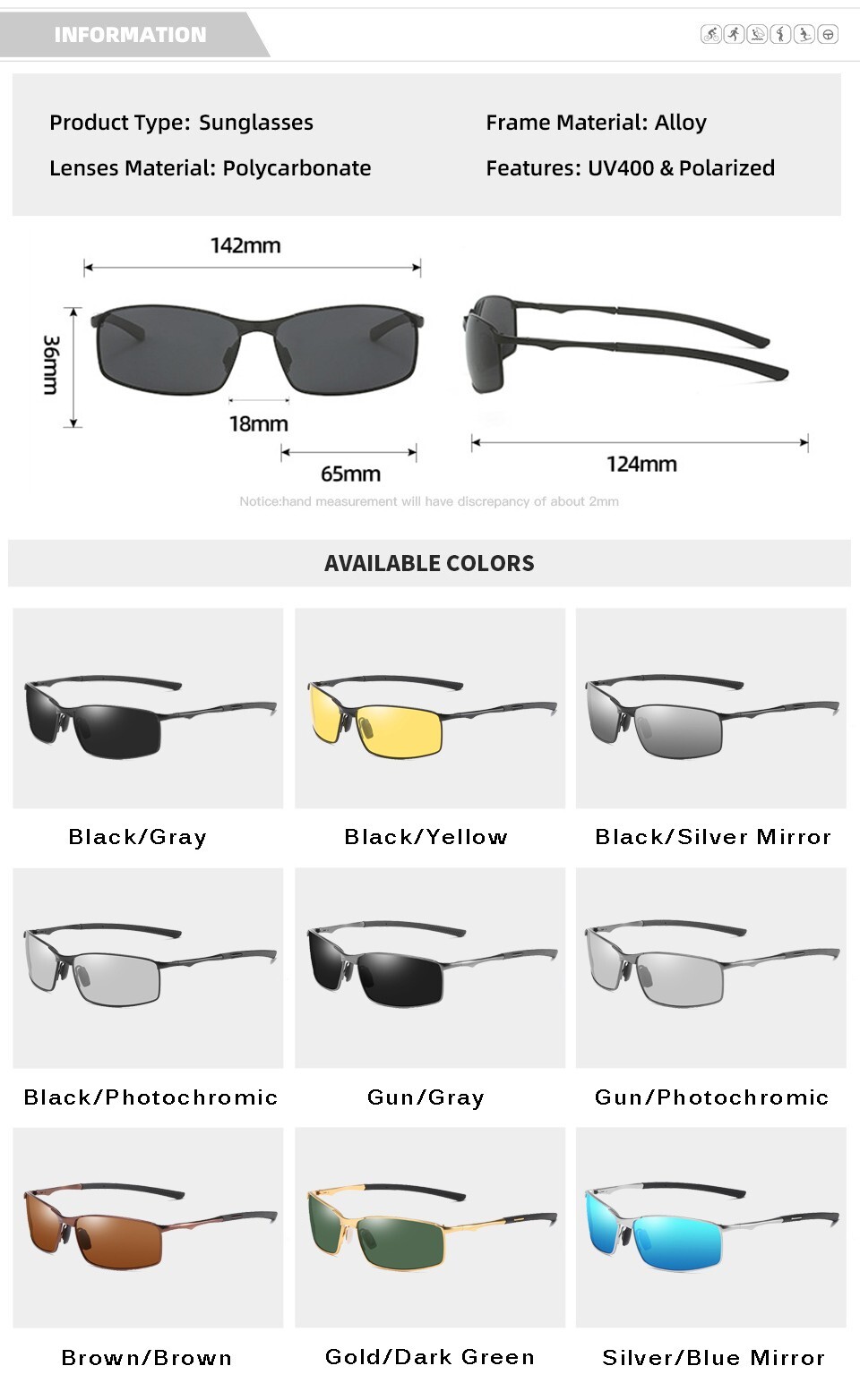 Photochromic Sunglasses Men Ultra Lightweight Rectangular Polarized Glasses