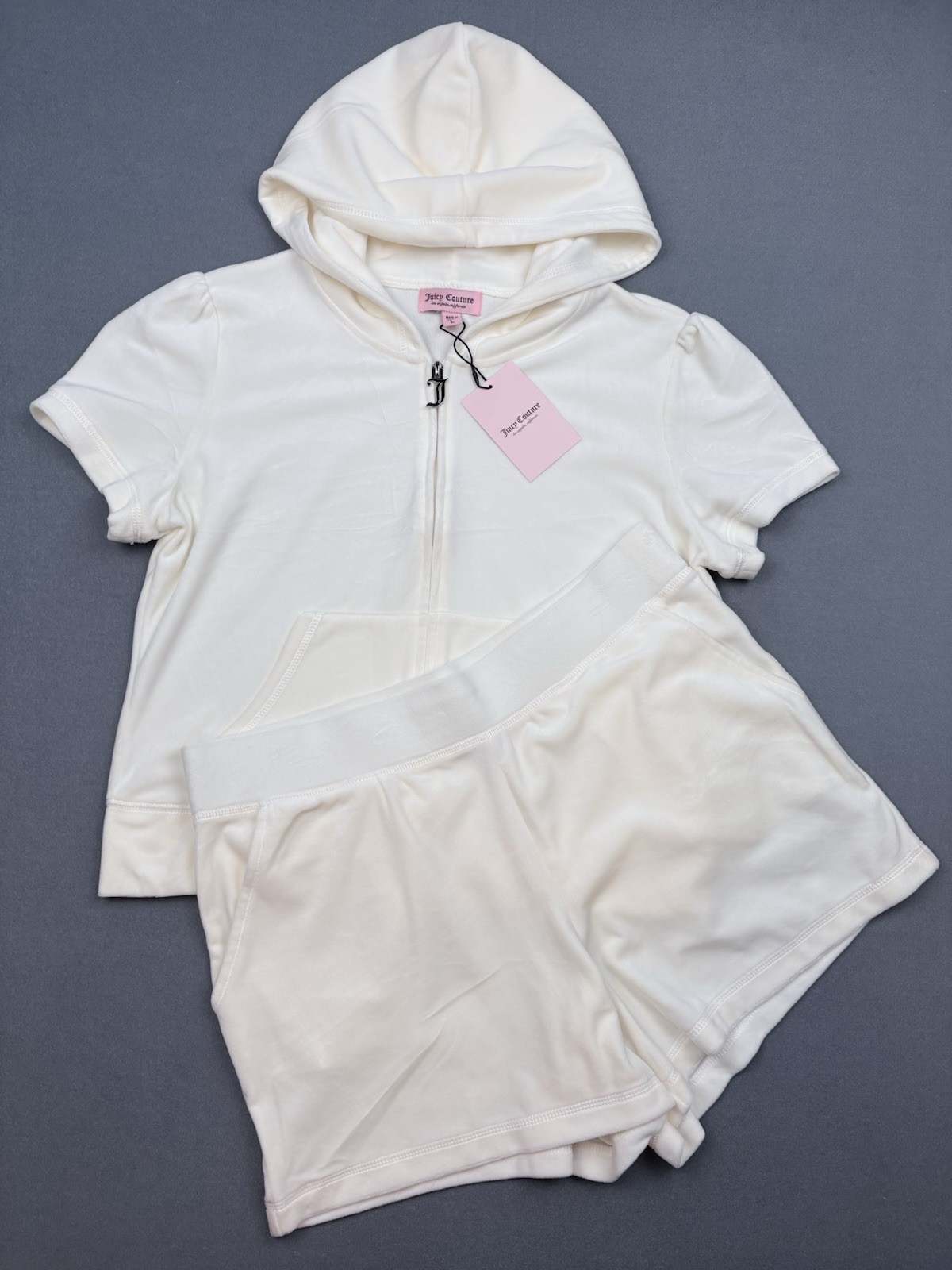 Juicy Couture Oyster Velour Short Sleeve Hoodie & Shorts Set Rhinestone