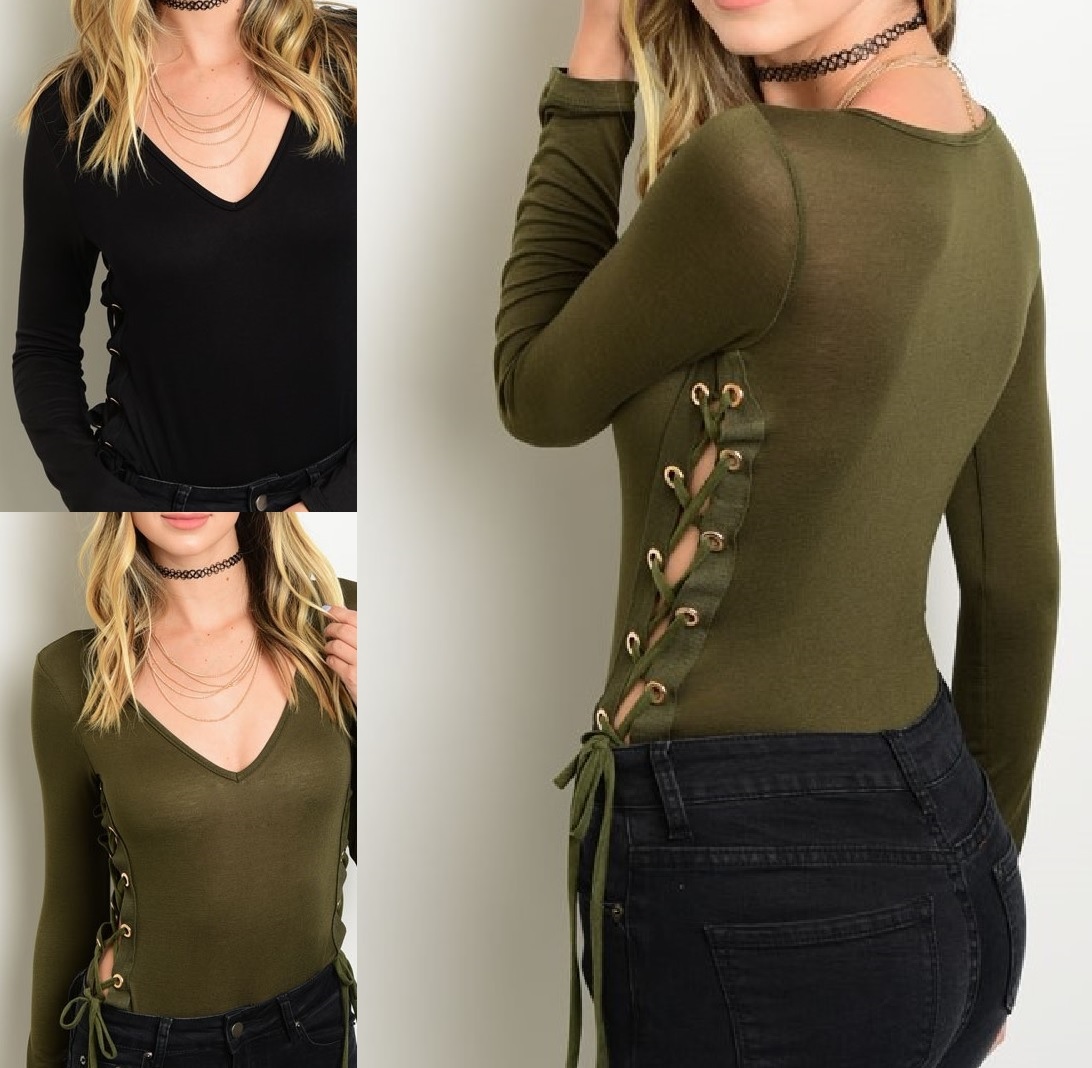 Lace-Up Sides Long Sleeve Jersey Blouse Snap Crotch Bodysuit Top Black or Olive