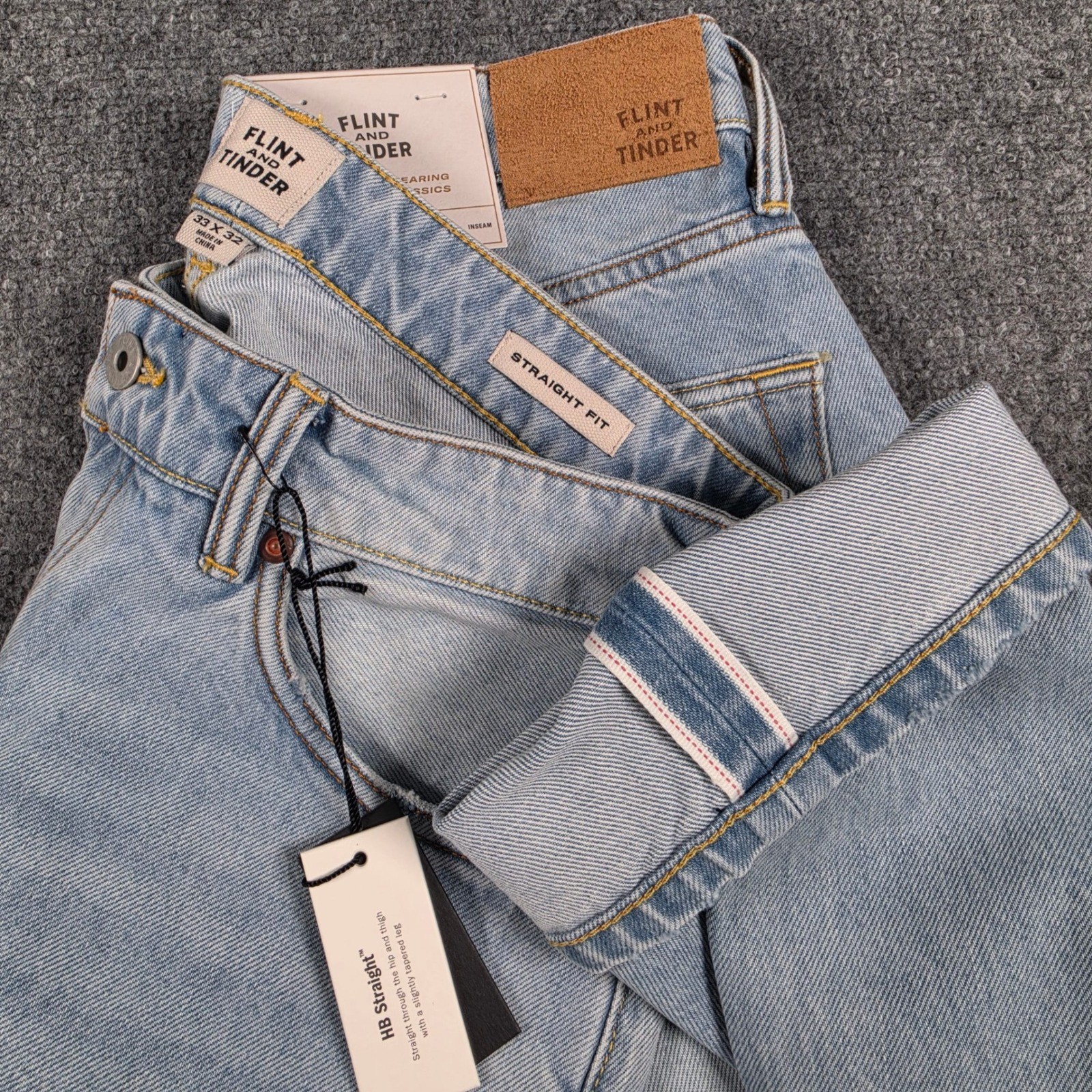 Flint and Tinder HB Straight Jeans Mens 33×32 Bleach Wash Rigid Selvedge NWT
