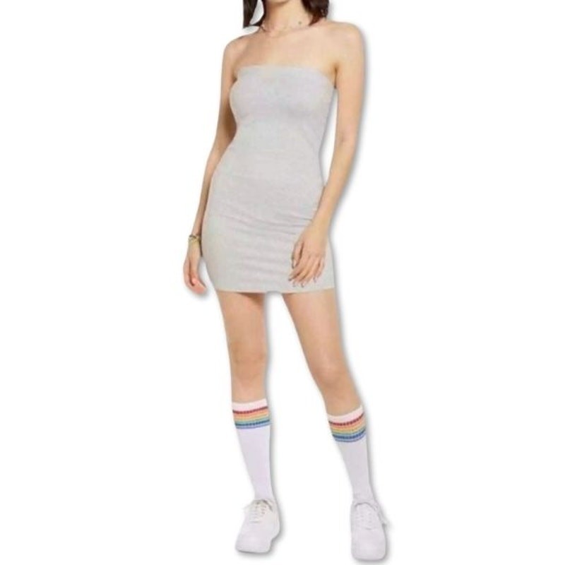 BP Bodycon Strapless Dress Mini Length Straight Neckline Heathered Gray W S NWOT