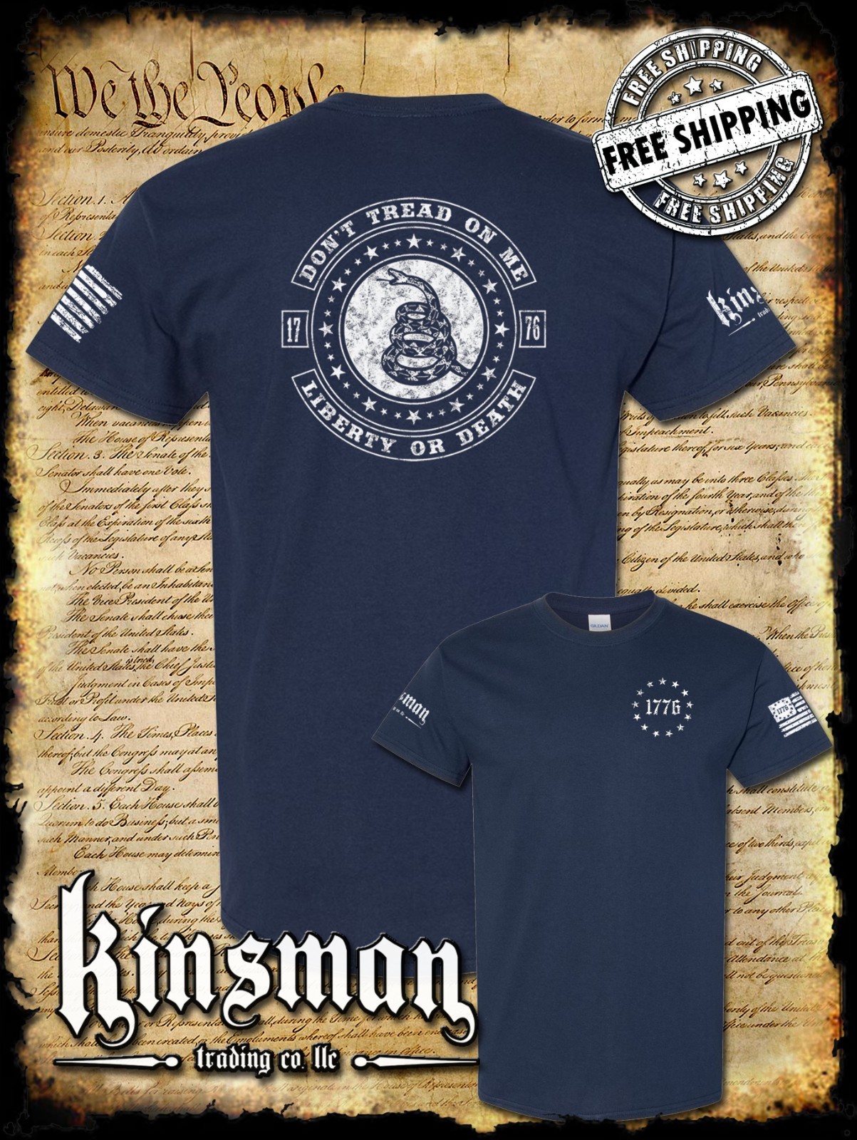 Don’t Tread On Me LIBERTY or DEATH Rattlesnake 2-Sided T-Shirt 2nd Amendment USA