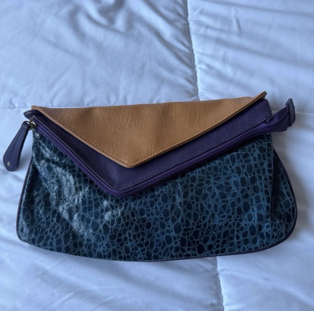 Teal Croc-Embossed Envelope Clutch – Colorblock | 4 Compartments | Brand New