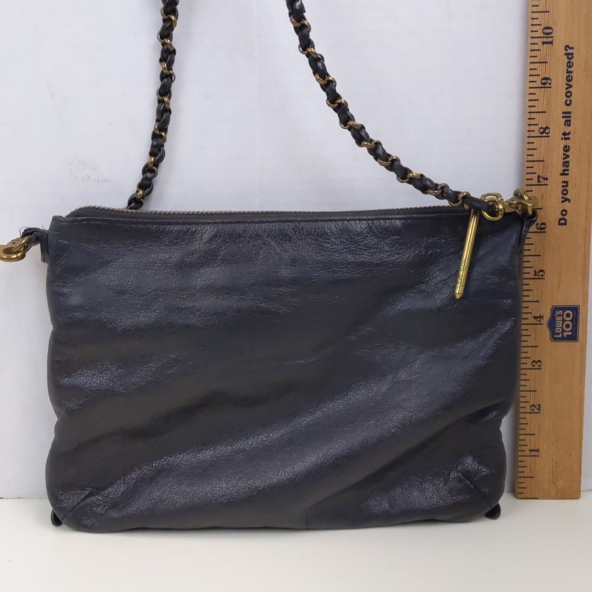 Elliott Lucca Black Leather Crossbody Shoulder Bag Multi Zip Pockets Chain Strap