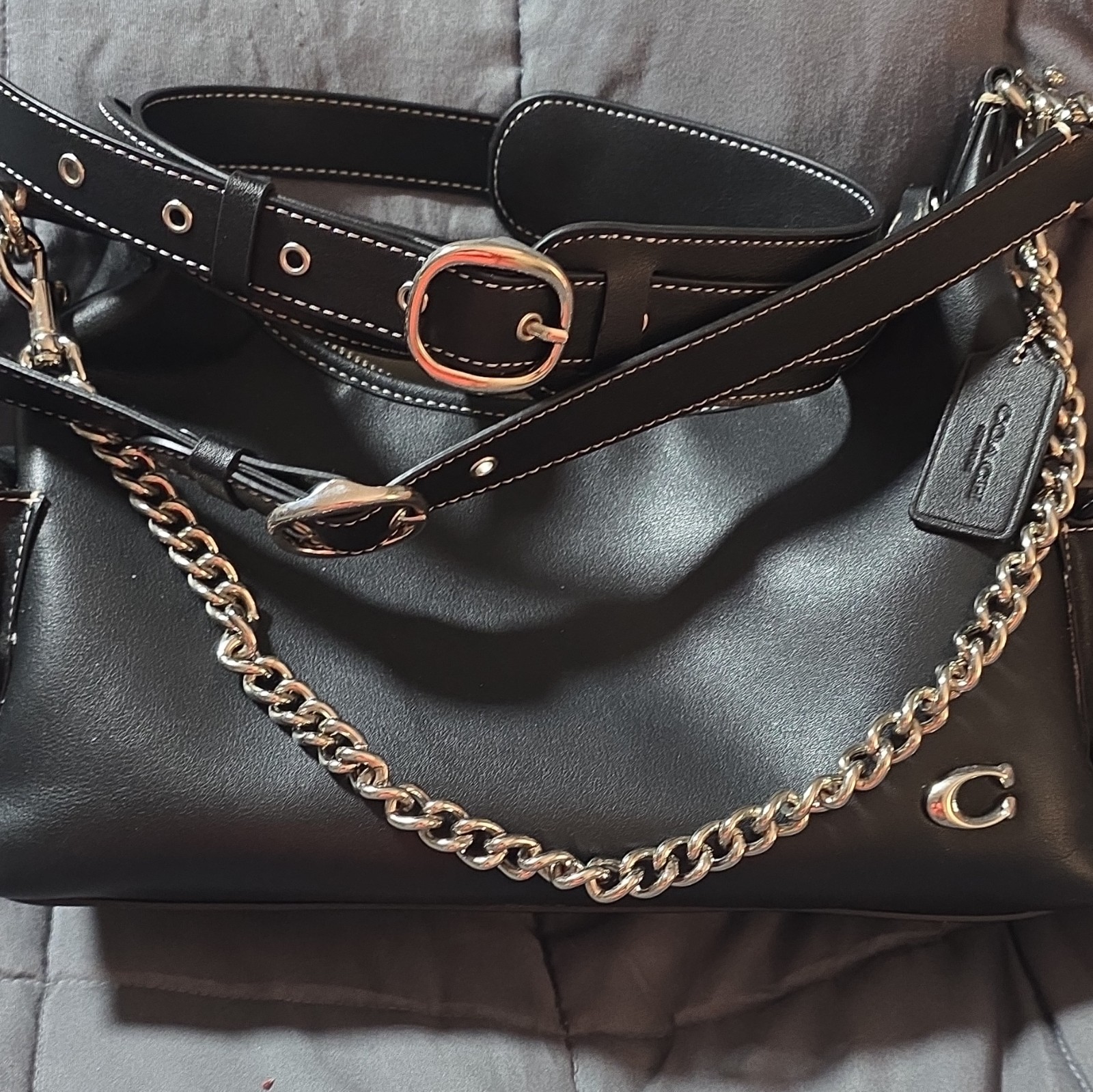 Coach Black Small Crescent Shoulder Bag Chain Strap Detachable Strap Zip