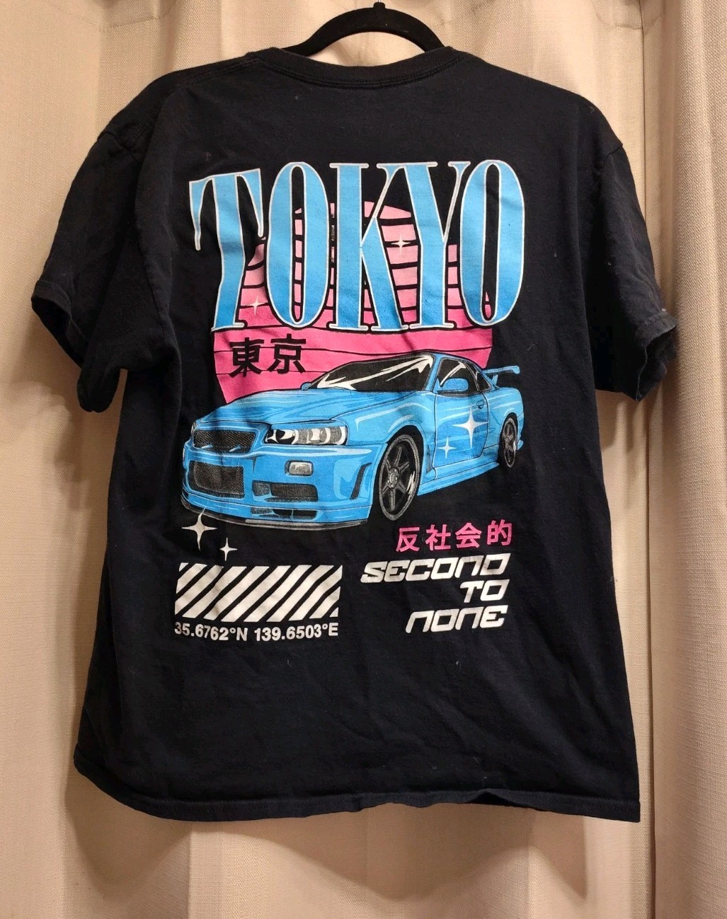 Popular Poison Second To None Black Graphic Tee with Blue,Pink,White Print Tokyo