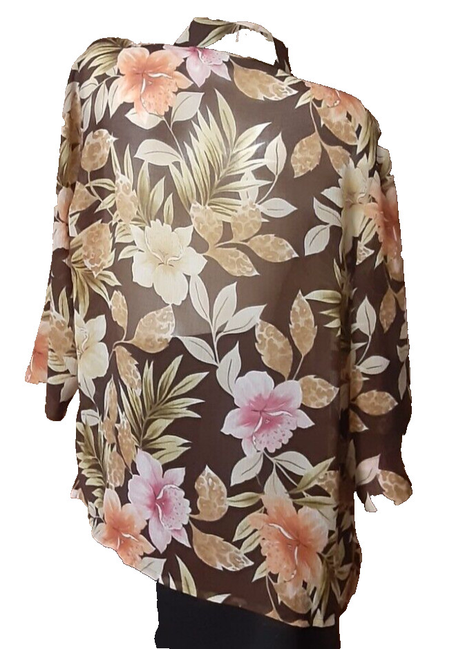 Alfred Dunner Brown Floral Sheer Blouse Bracelet Sleeves Misses Size 16