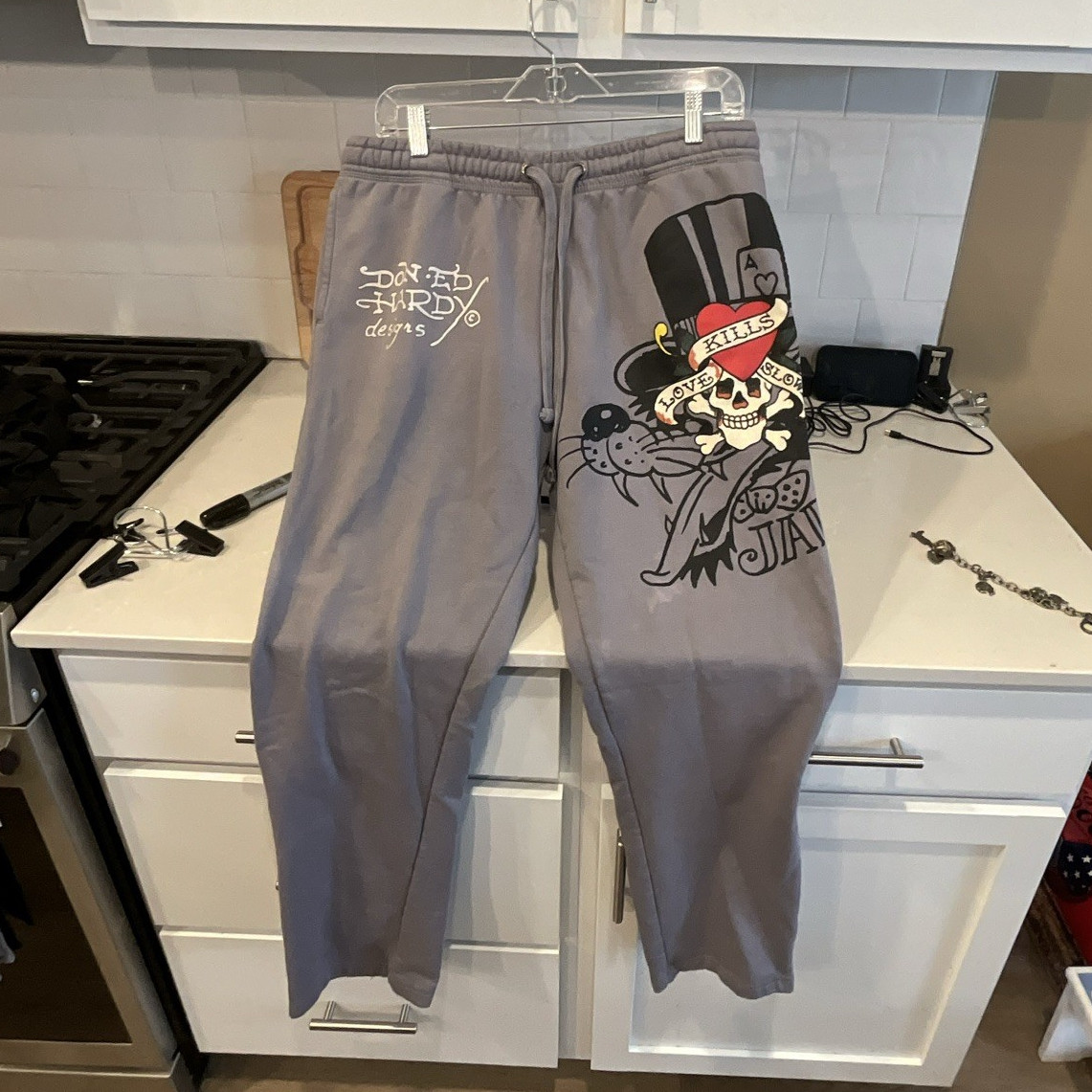 Ed Hardy Gray Jogger Pants Graphic Print Skull Logo Drawstring Sz M