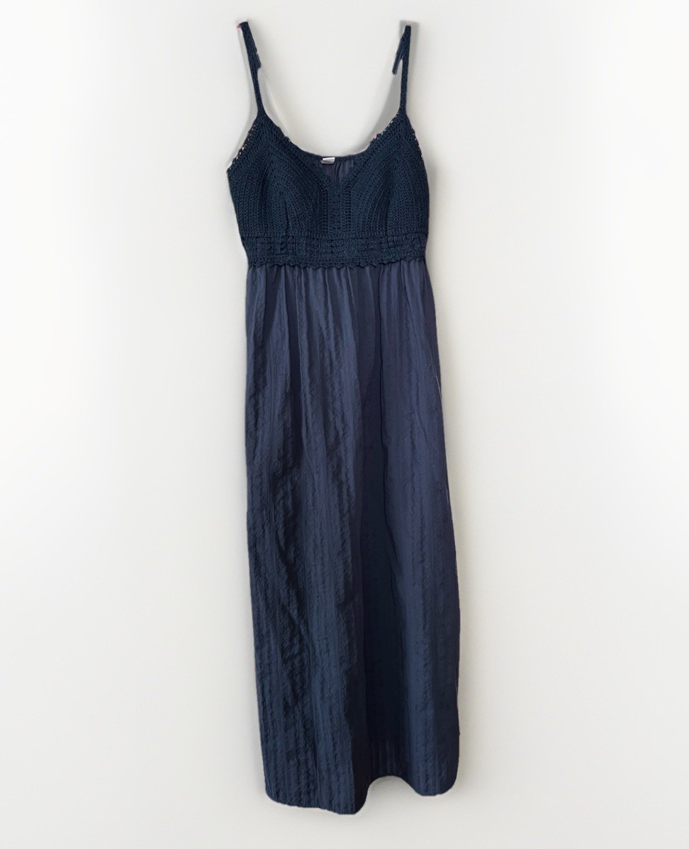 Old Navy Maxi Dress Womens Small Petite Tidewater BlueCrochet Bodice Cotton Boho