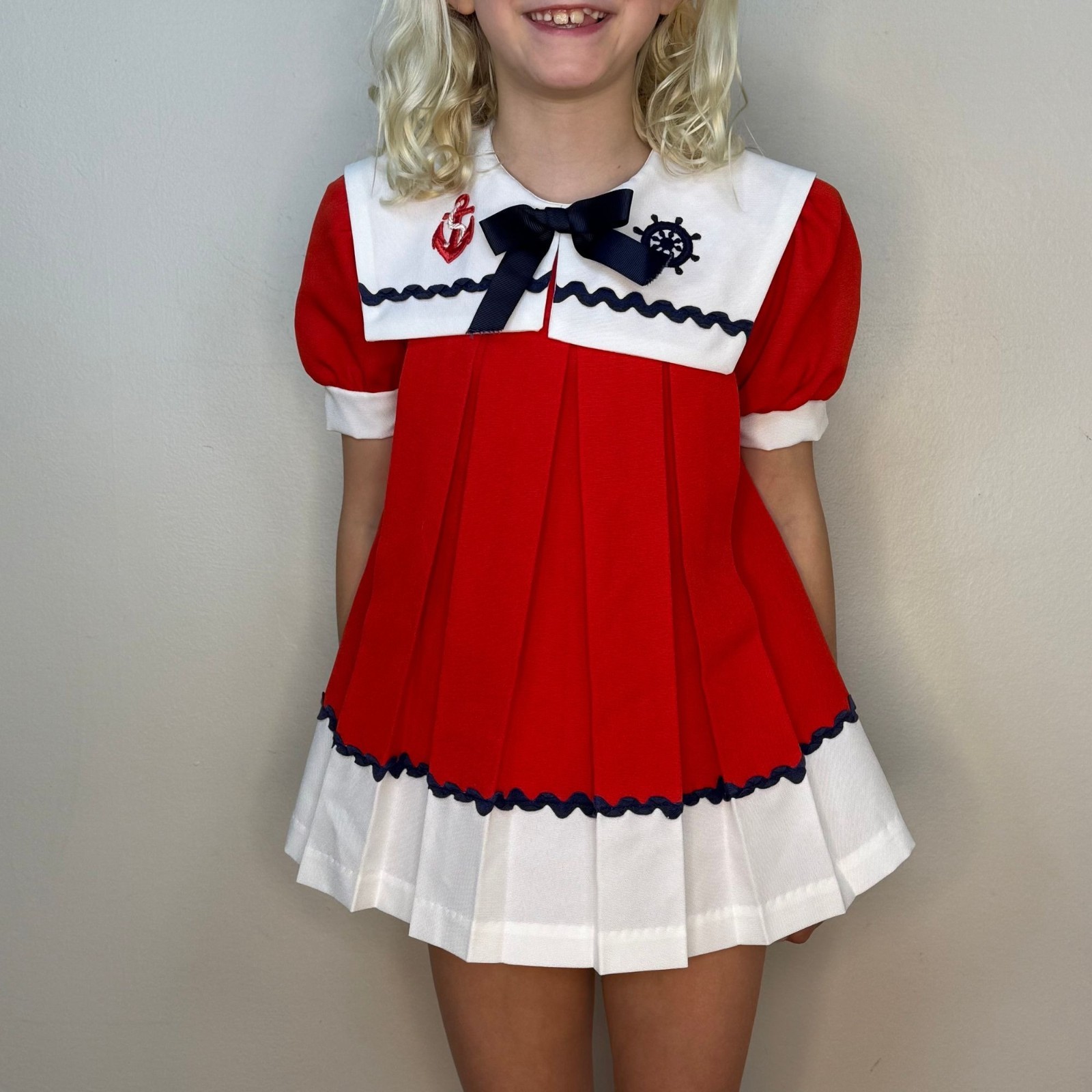 VTG 1970s Girls Sailor Dress 70s 80s Honeybee Sweet Pretty Size 4 Red Pleated