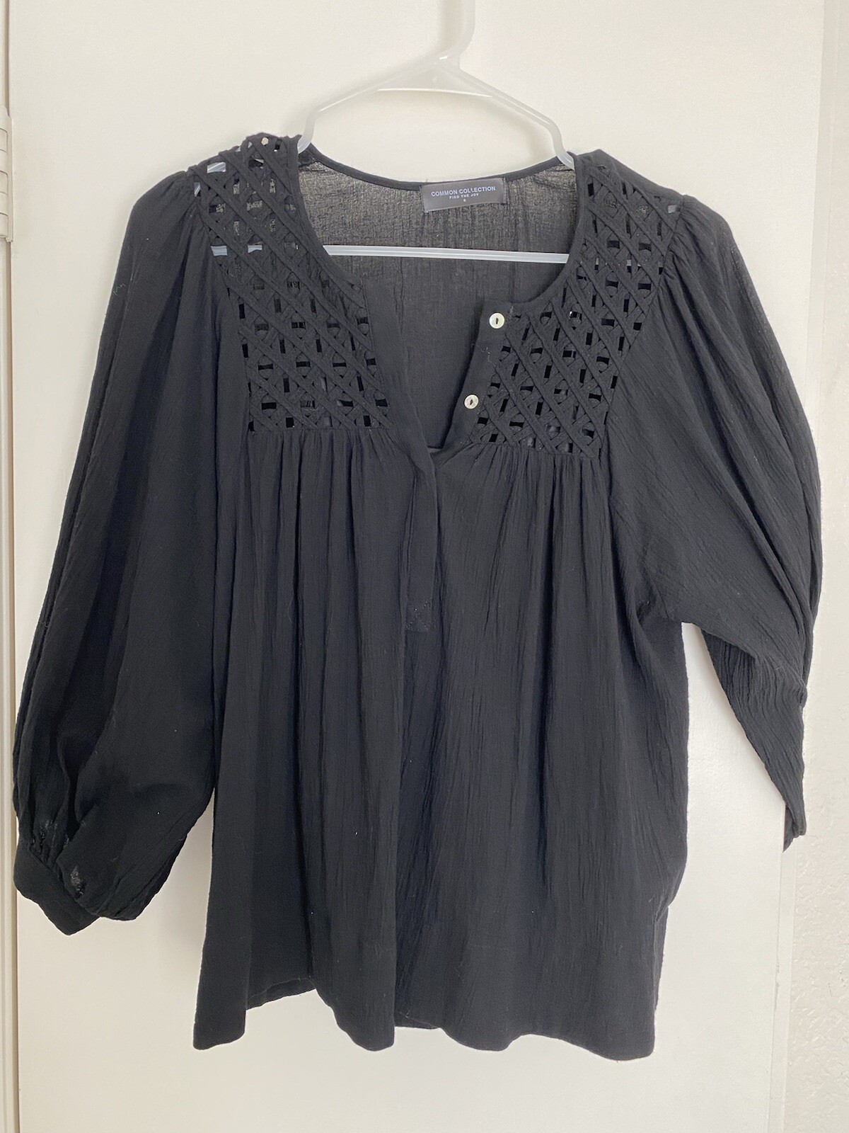 COMMON COLLECTION Black Balloon Sleeve Boho Top Poet Peasant Blouse Size Small