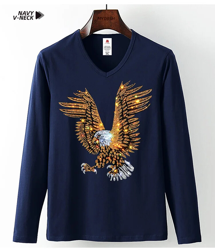 Fashion Trend Eagle Rhinestones Streetwear Long Sleeve Luxury Men V-Neck T-Shirt