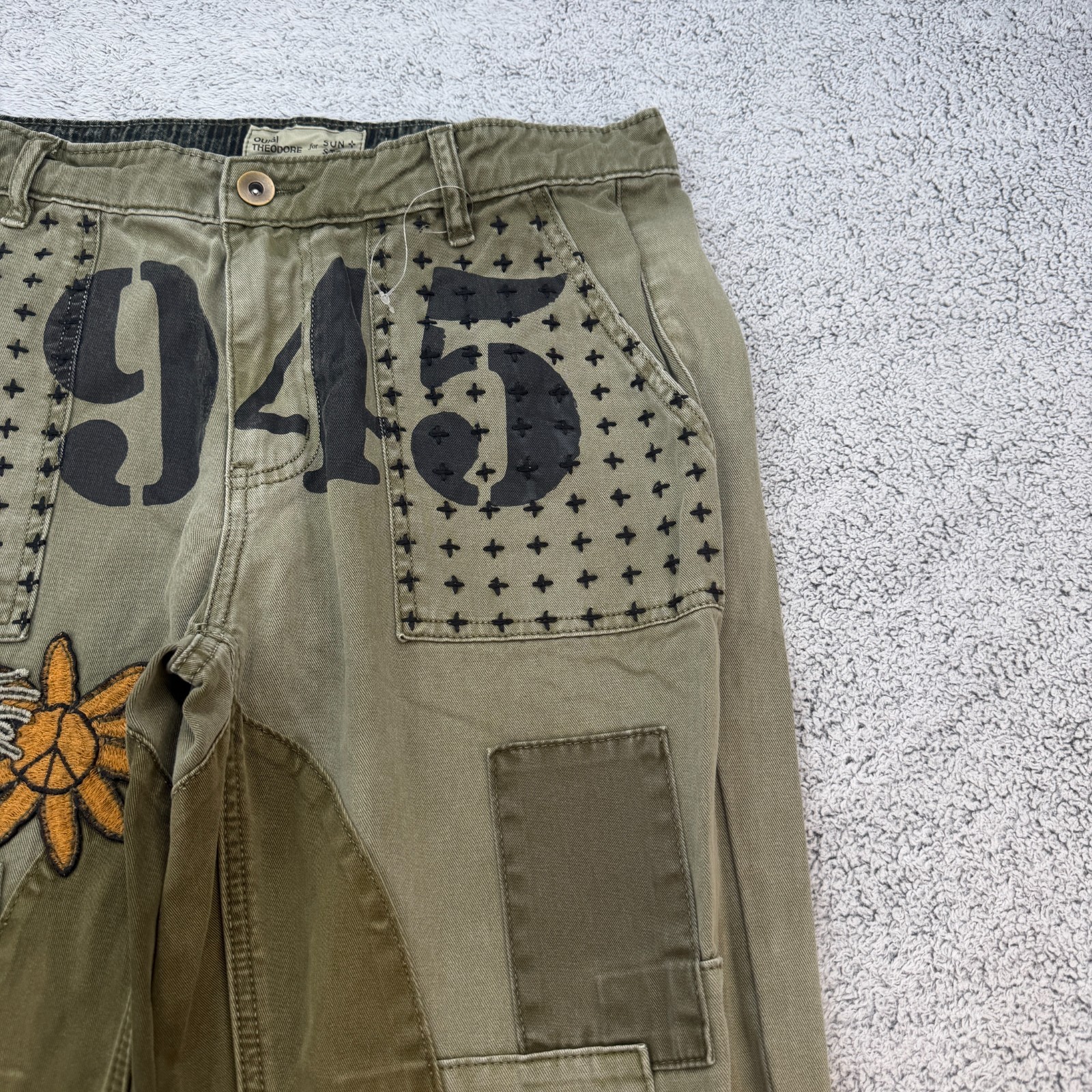 Ouigi Theodore Sun Stone Patchwork Pants Mens Size 31 Olive Tiger 1945 Military