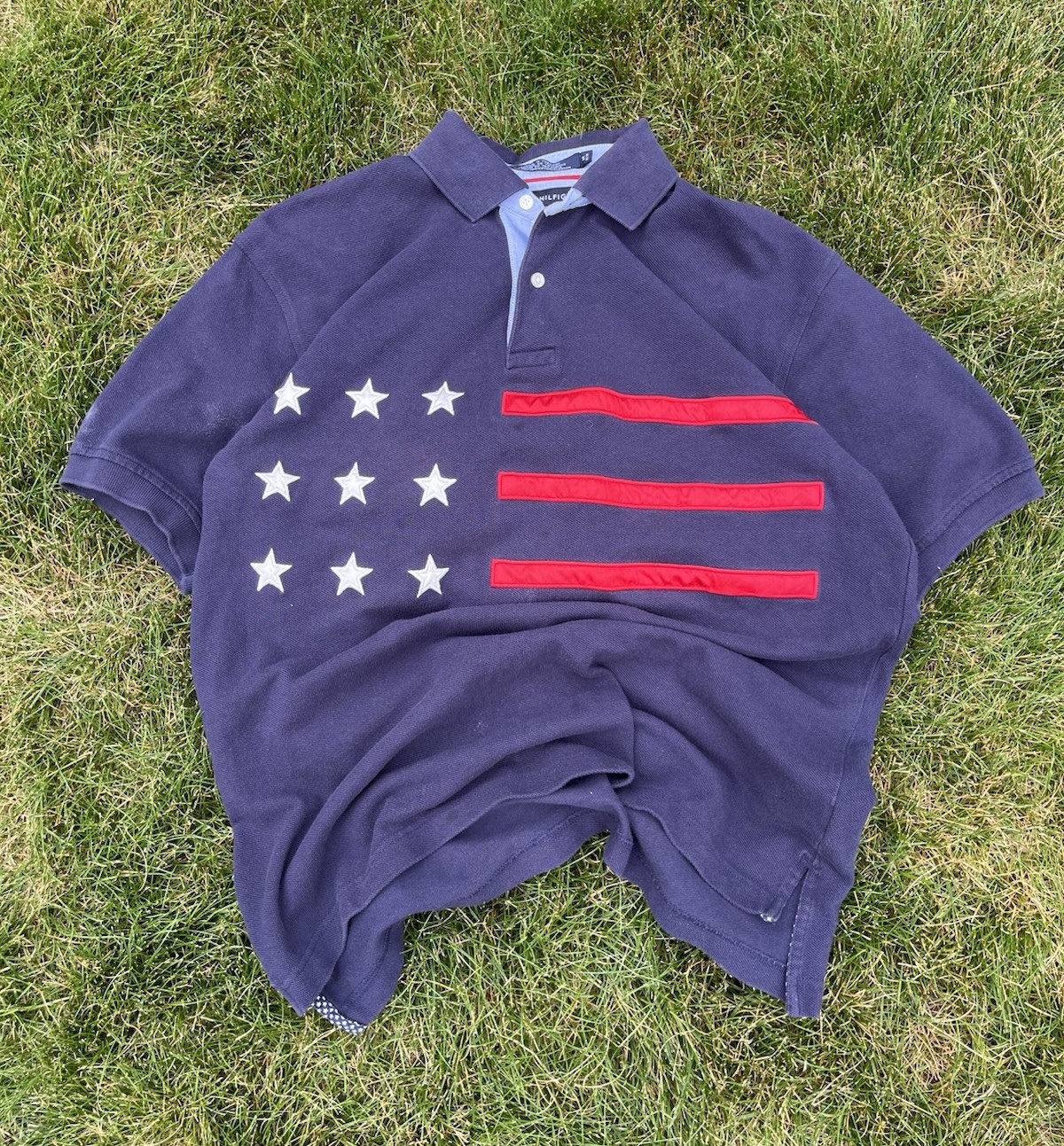 Vintage 2002 Tommy Hilfiger Men’s M Navy USA Flag Stars Polo Cotton Short Sleeve