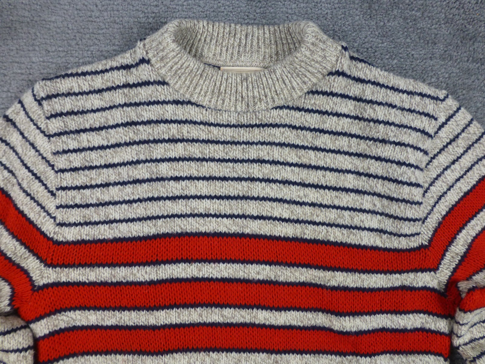 Vintage Joshua Sweater Wool Blend Stripe SZ Med Tan Brown Red Crew Neck Ragg