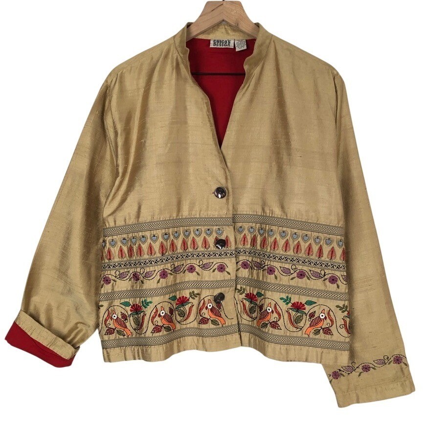VTG CHICO’S 100% Silk Embroidered Bird Floral Jacket Women’s Sz 3 L Gold Lined