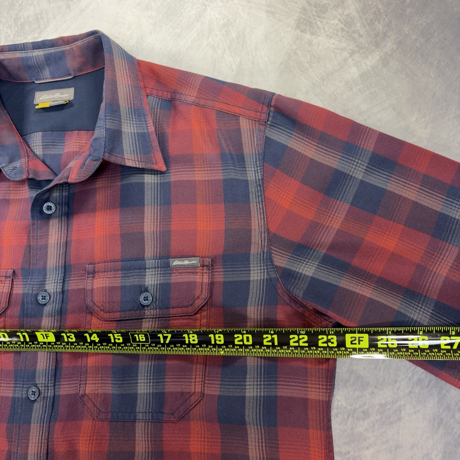Eddie Bauer Mens Large Plaid Button Down Shirt Red Blue Long Sleeve Outdoor