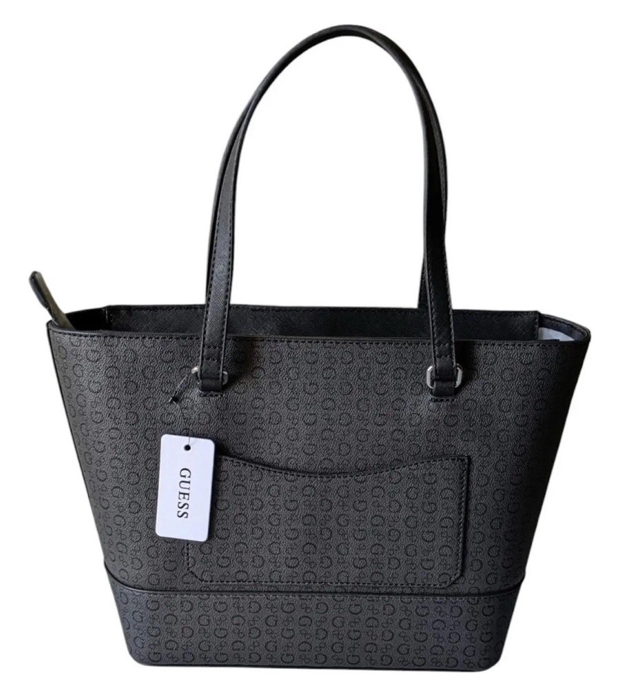 GUESS Black & Gray Monogram Tote Shoulder Bag Zip Top Logo Charm