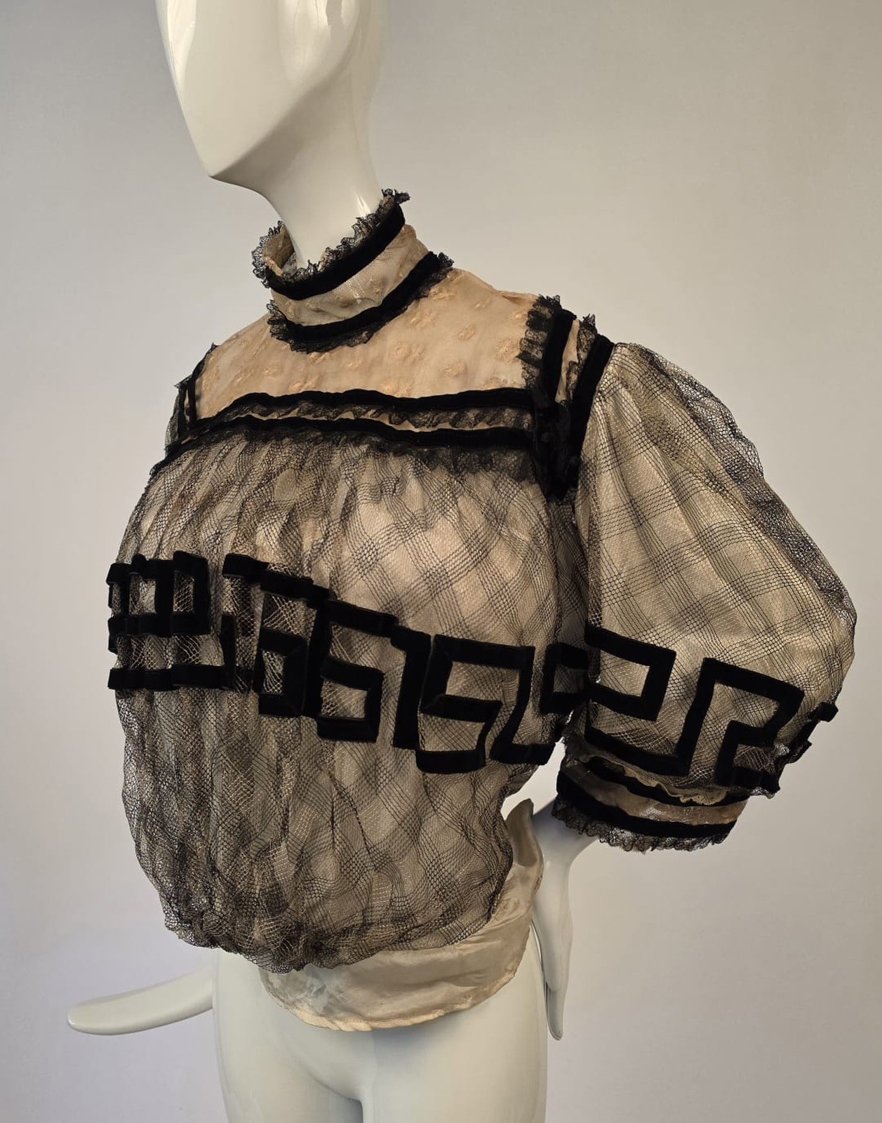 EDWARDIAN PLAID WOVEN NET BLOUSE W SILK VELVET DETAILS + HIGH BAND COLLAR