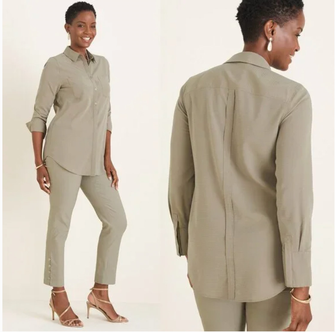 Chico’s Silky Soft Dobby Half-Placket Shirt Modal in Vetiver Button-Up XXL NWT
