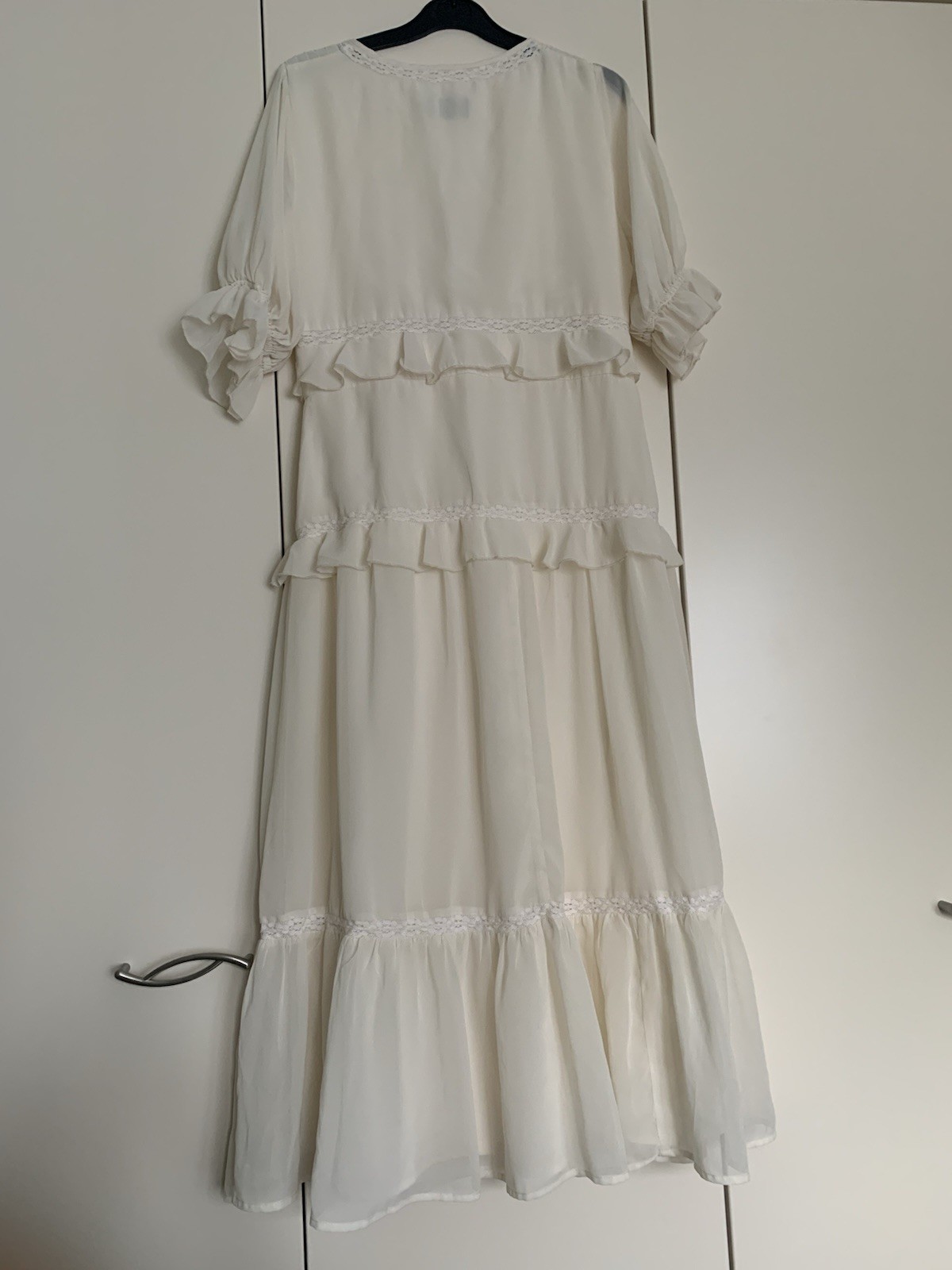 ASOS DESIGN button-through lace insert tiered midi dress in ivory – size 12