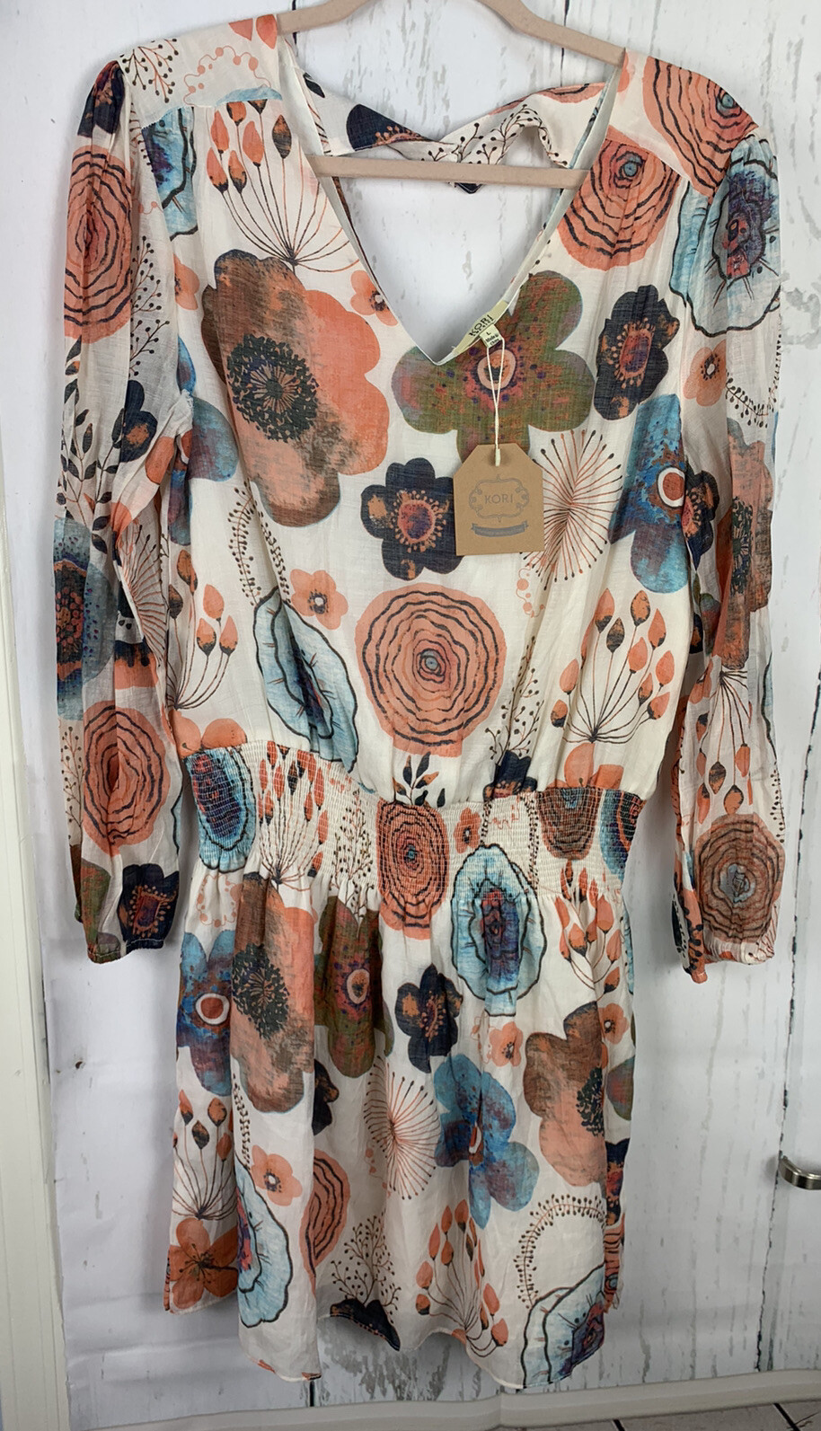 NWT Kori America L Ivory Multicolor Floral Bell Sleeve Peplum Tunic / Mini Dress