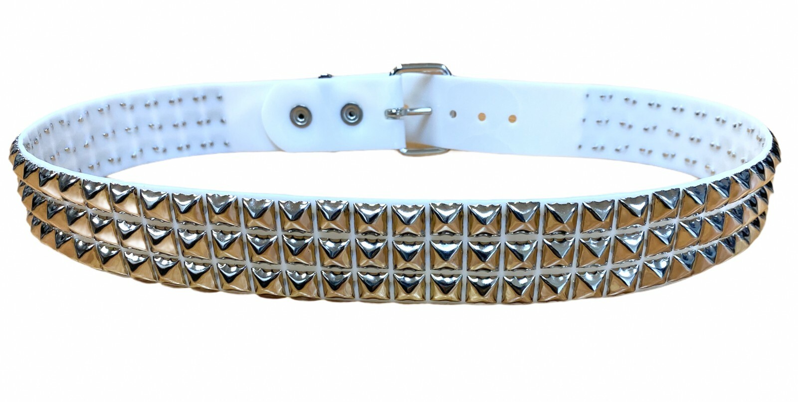 White Vinyl PVC Three Row Silver Pyramid Stud Belt Punk Goth Metal Funk Plus