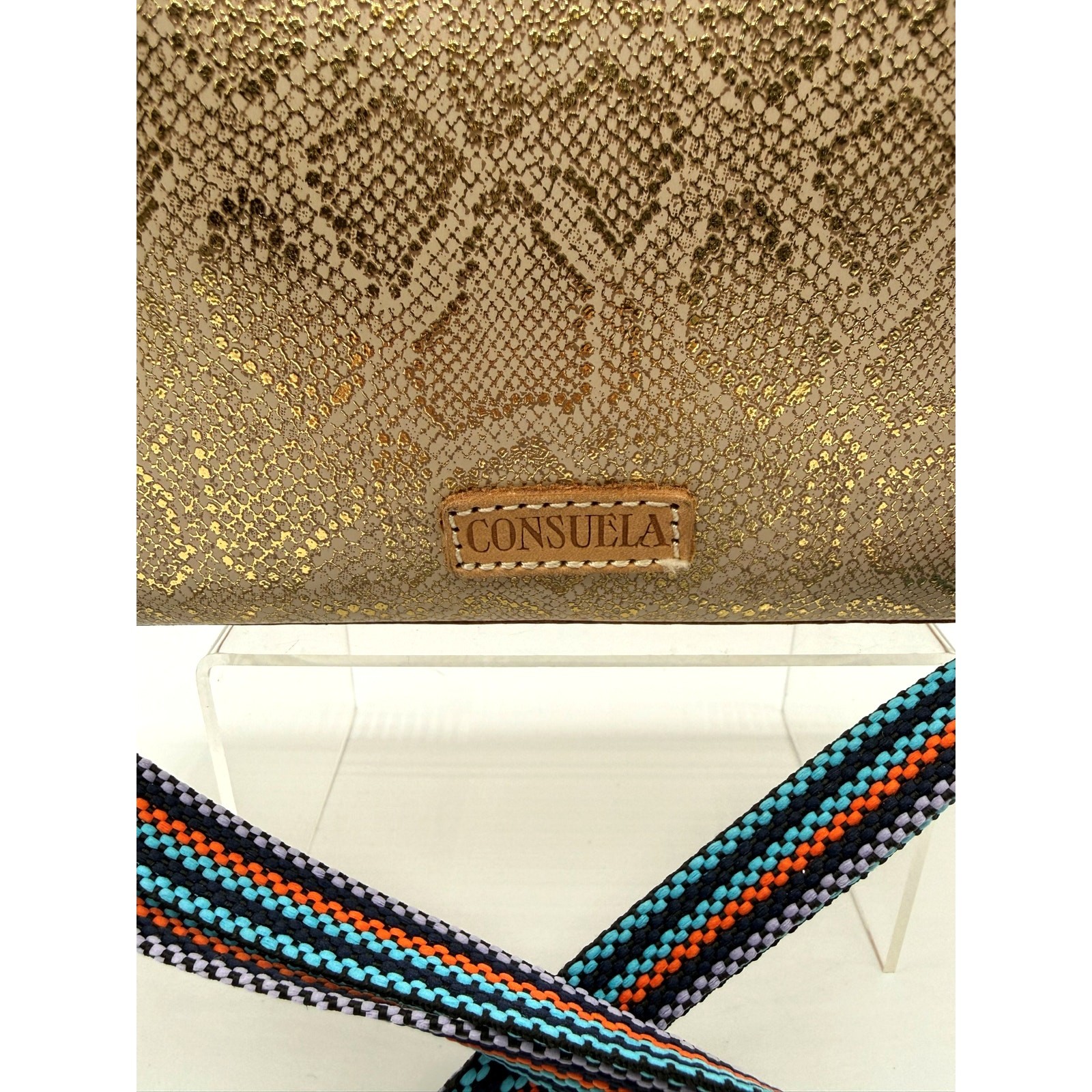 Consuela Leah Midtown Leather Crossbody W/Metallic Gold Snakeskin Print