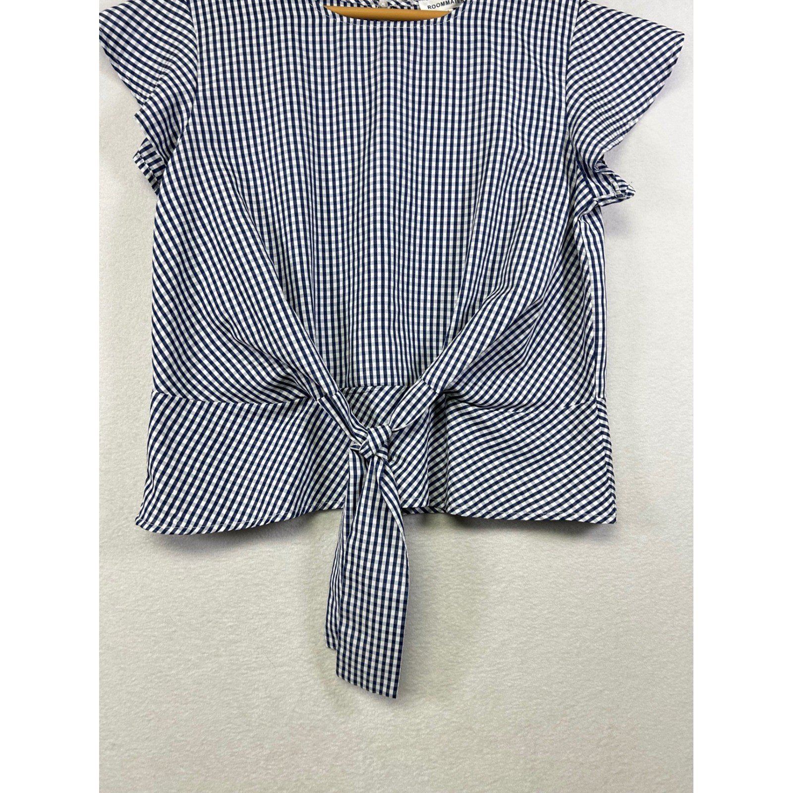 Roommates Navy White Gingham Tie Front Flutter Sleeve Top Women’s Medium