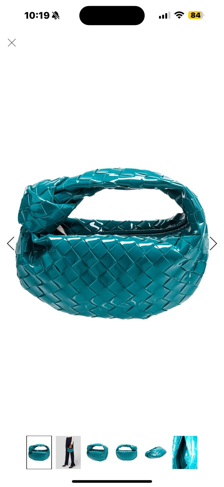Authenticated Bottega Veneta Mini Patent Intrecciato Jodie Turquoise Leather