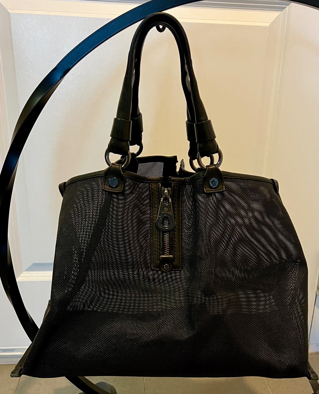 Moncler Italian Mesh and Leather Tote Purse with Mesh Cosmetic Bag