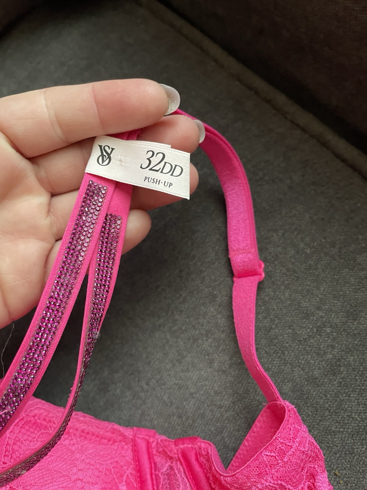 Victoria’s Secret PINK 32DD Underwire Lace Mesh Push-Up Bra Rhinestone Straps