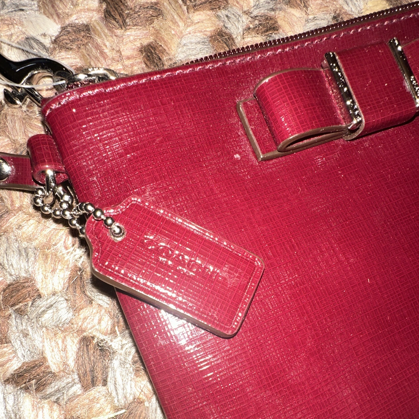 Coach Burgundy Solid Wristlet Pouch w/ Bow Accent, Zipper & Wrist Strap