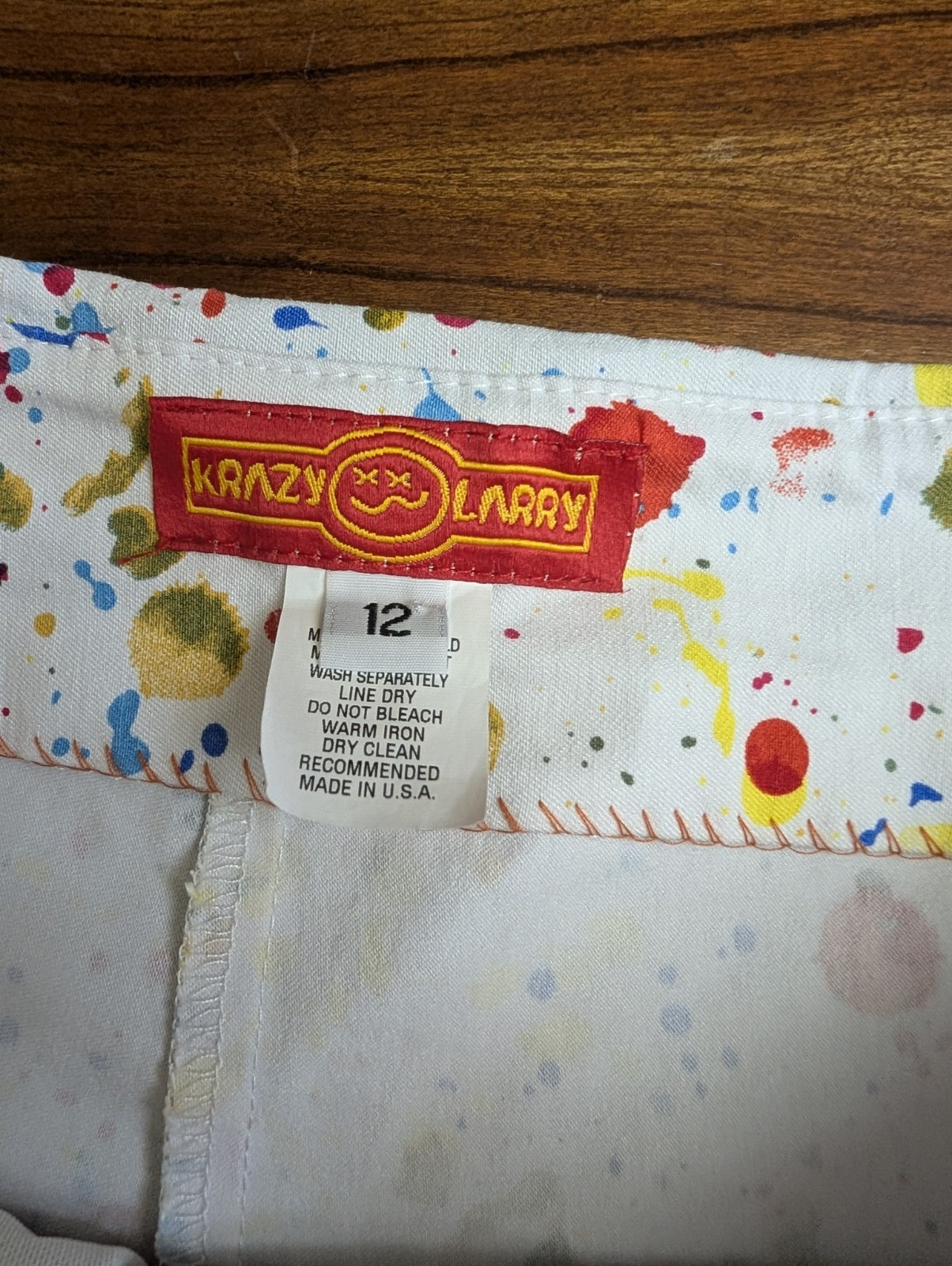 KRAZY LARRY Multi Color Rainbow Paint Splat Pull On Straight Leg Pants 12 MINT