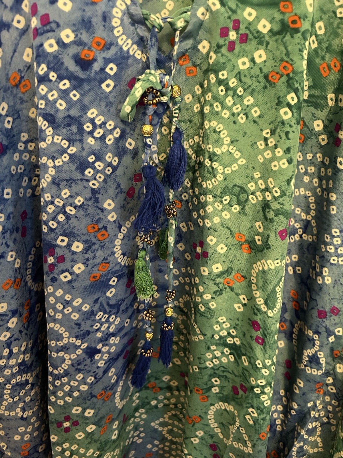Swim Cover Up Blue And Green Printed With Tassels Pompom Design Size L